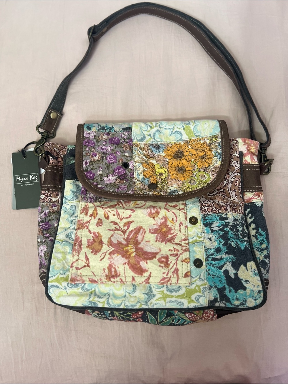Myra Bag Patchwork Floral Shoulder Bag in Yellow, Purple, Teal and Brown